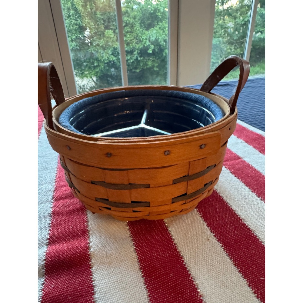 Longaberger Round Basket Leather Handles Blue Liner 3-Way Divided Protector 7in
